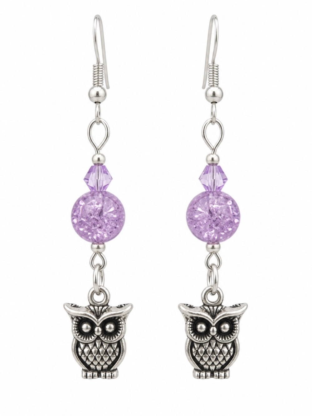 Lavender Cracked Glass and Crystal Bead Owl Earrings - Women Jewelry